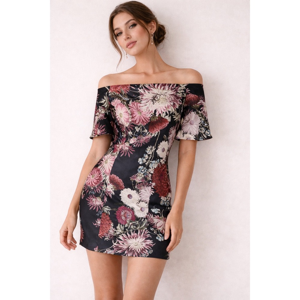 Keepsake Floral Off Shoulder Fitted Mini Dress Navy Pink Short Sleeve Size S‎